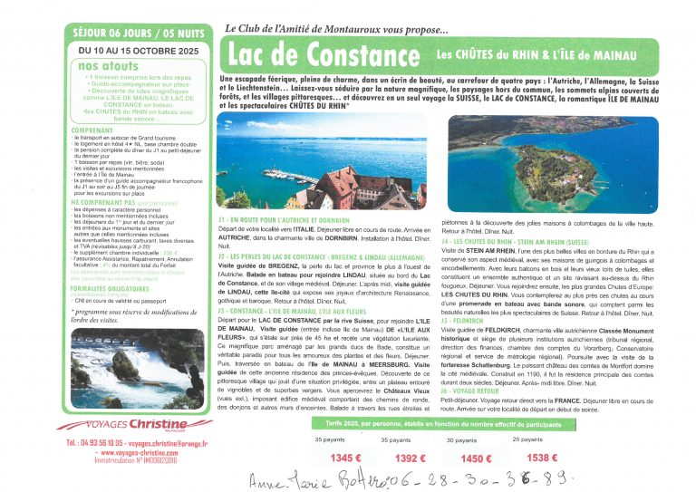 Le Club de l’Amitié de MONTAUROUX propose un séjour au Lac de Constance
