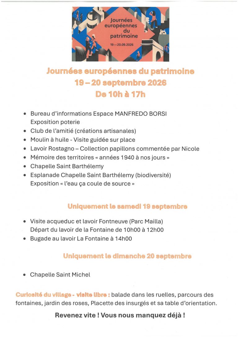 Journées européennes du patrimoine 19 et 20 septembre